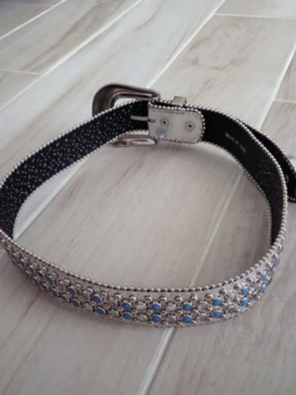 Vintage Silver Metallic Western Style Belt w/ Clear & Blue Rhinestone Studs